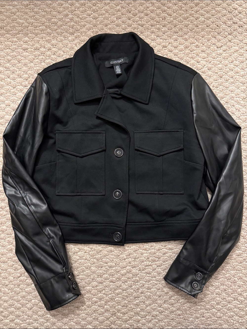 NWOT Ellen Tracy Black Cropped Utility Jacket with Faux Leather Sleeves